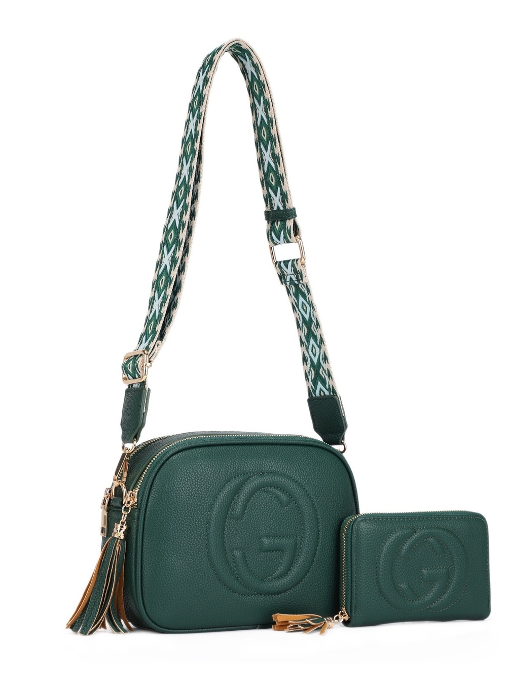 Alyssa Green Vegan Leather Crossbody Bag with Patterned Strap and Wallet